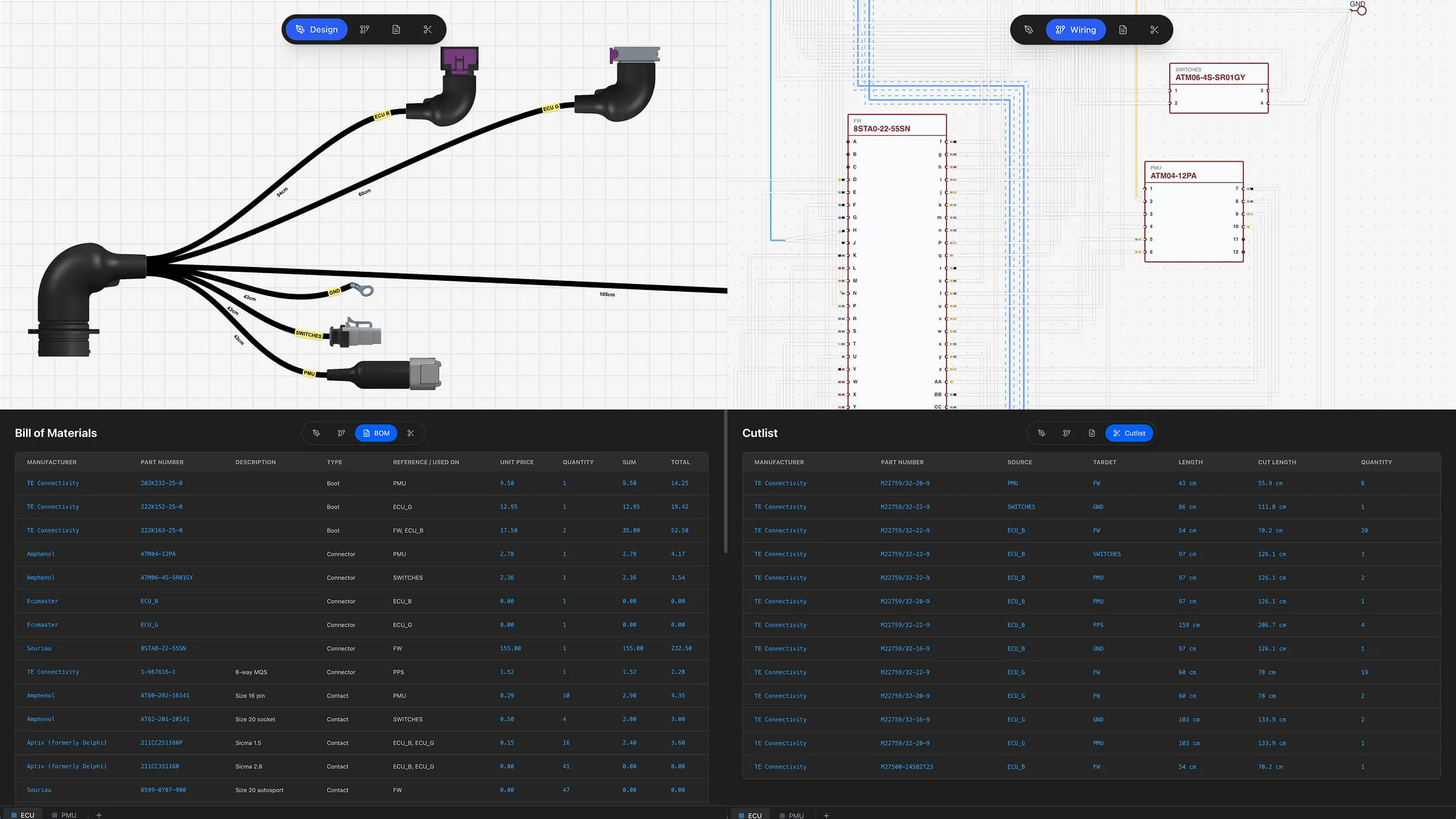 Side-by-side comparison showing the four views — Design, Wiring, BOM, and Cut List