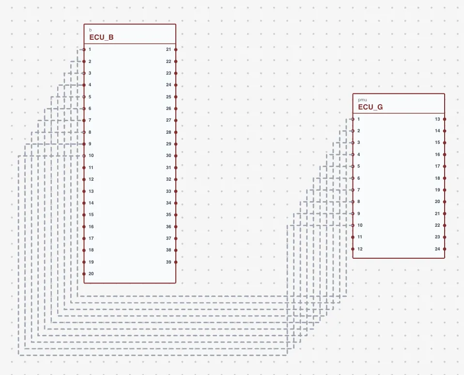 The Wiring View showing a shielded cable's individual strands routed between two connectors