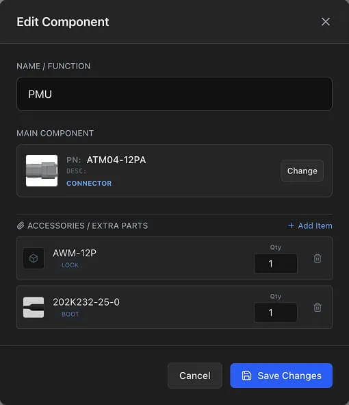 The Component Dialog showing Name, Main Part selection, and Accessories fields