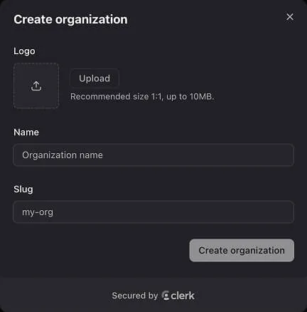 The Create Organization dialog with name field