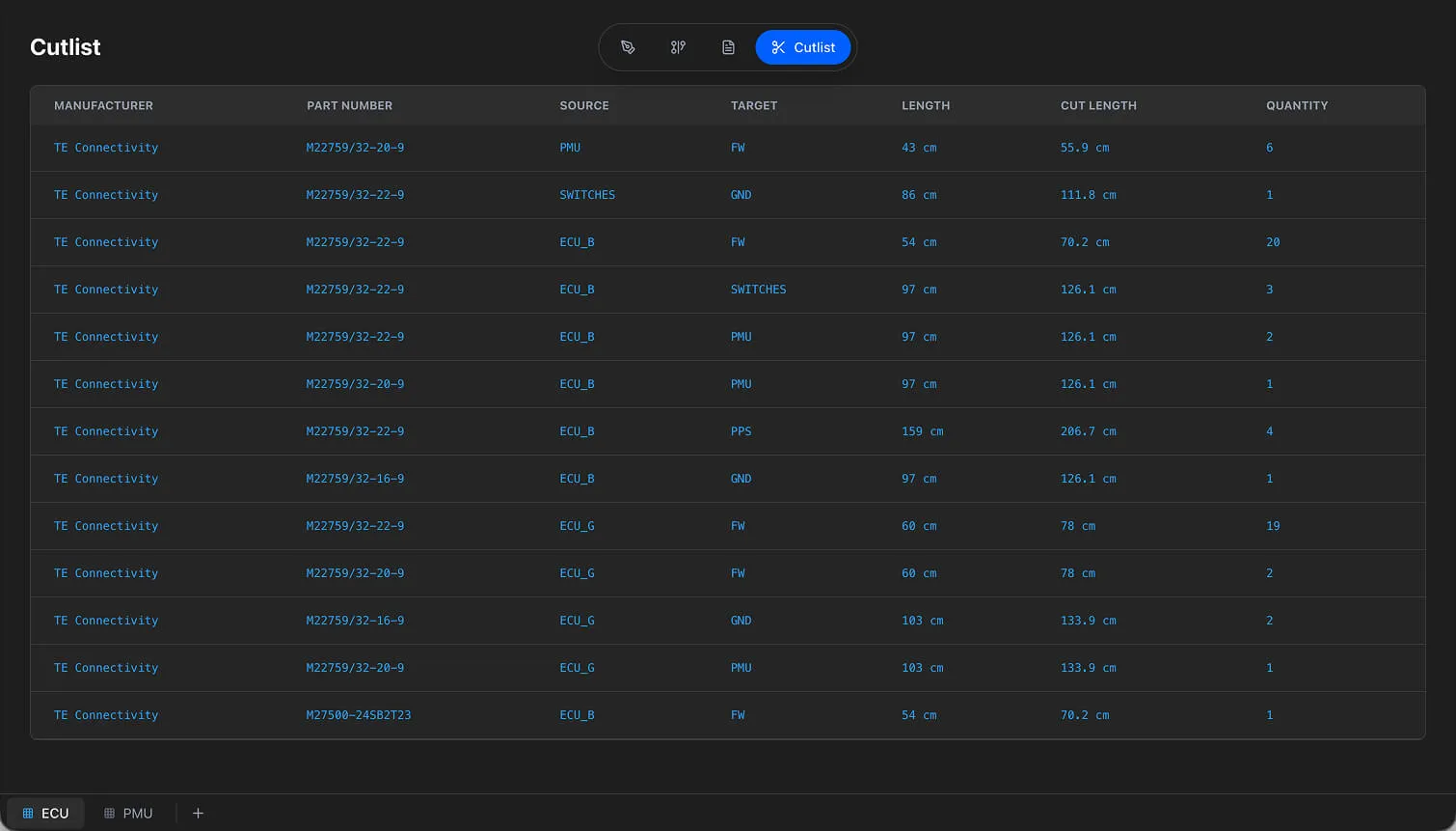 The Cut List view showing wire connections with source, target, and cut lengths