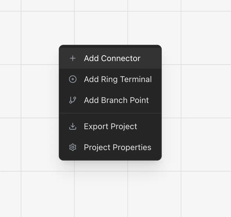 The right-click context menu showing Add Connector, Add Ring Terminal and Add Branch Point