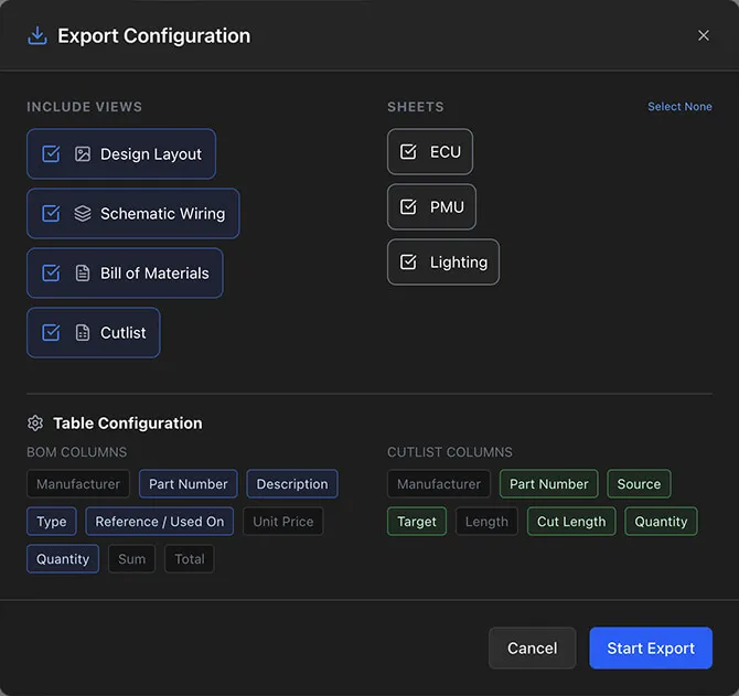 The column toggle section in the export dialog with some columns unchecked
