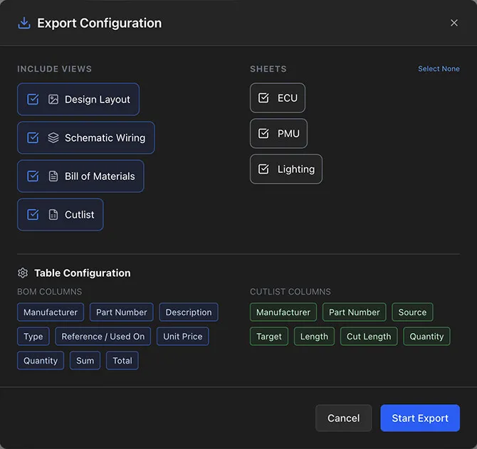 The PDF export dialog showing view checkboxes, sheet selection, and column toggles