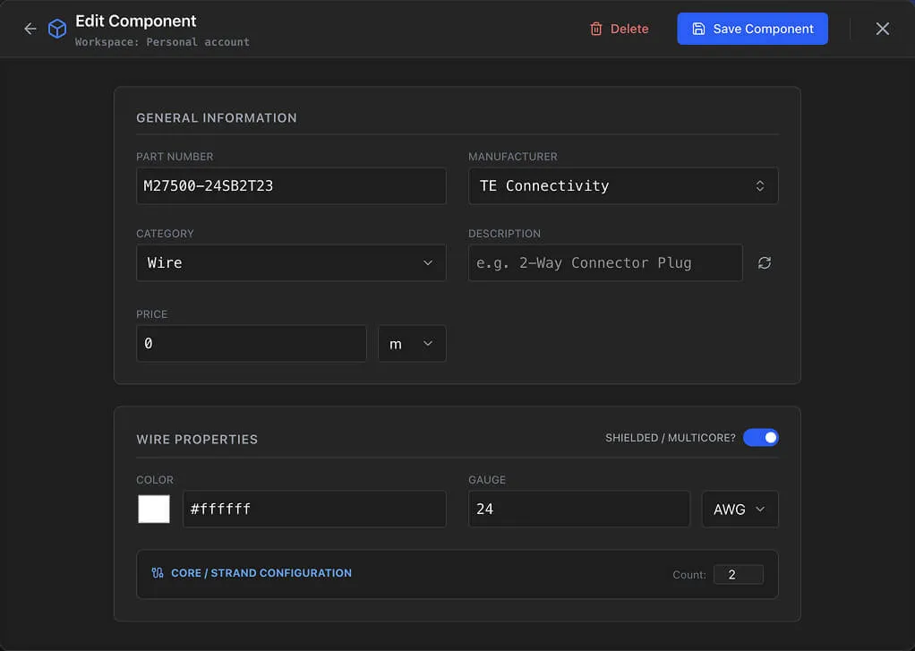 The wire part editor with isShielded enabled and strandsCount set to 2