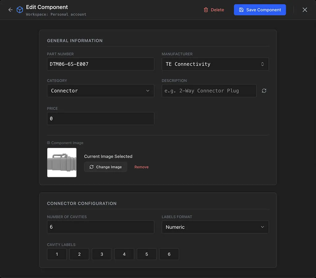 The Parts Library dialog showing a connector part being added with manufacturer, part number, and cavity count fields