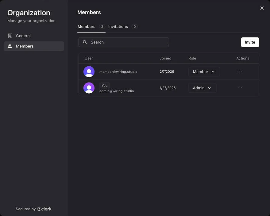 The organization members list showing member names and roles