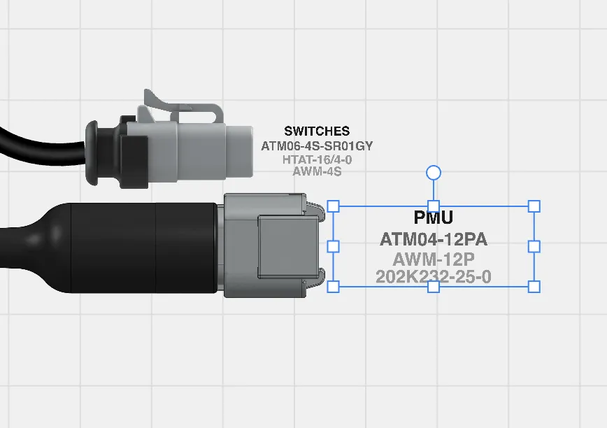 The design canvas with component labels visible beneath
            connector nodes, showing part numbers