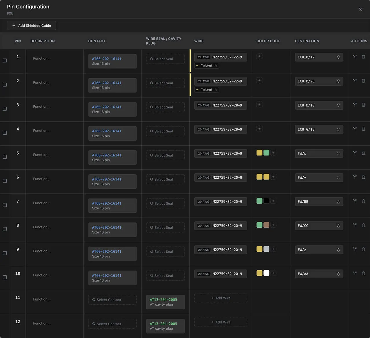 The Pin Configuration dialog showing wires assigned to cavities with contact, seal, and destination columns