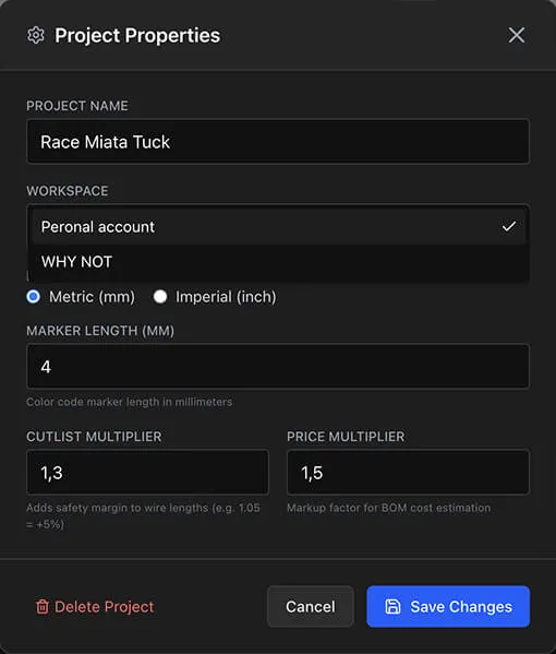 The Project Properties dialog with workspace selector showing Personal and Organization options