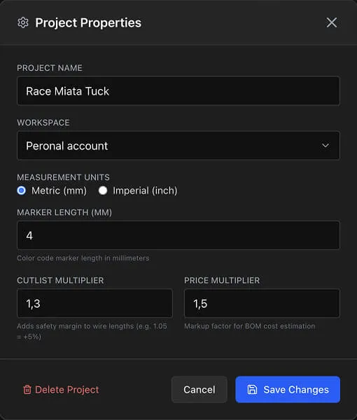 The Project Properties dialog showing units, multiplier, and marker length settings