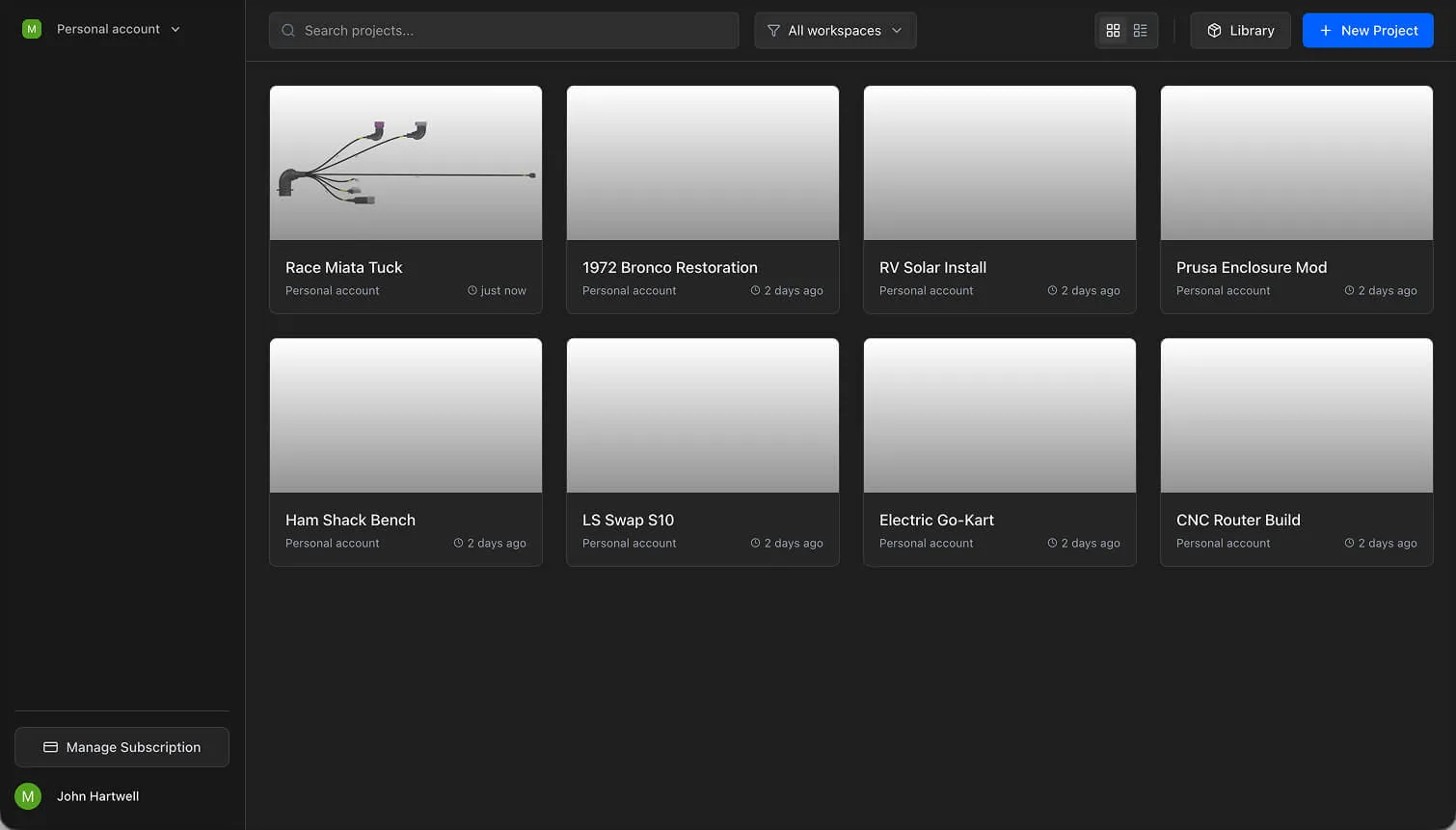 The Projects page showing several project cards in grid view