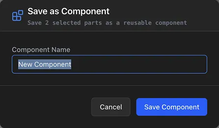 The Save as Component dialog showing the Component Name field and Save Component button