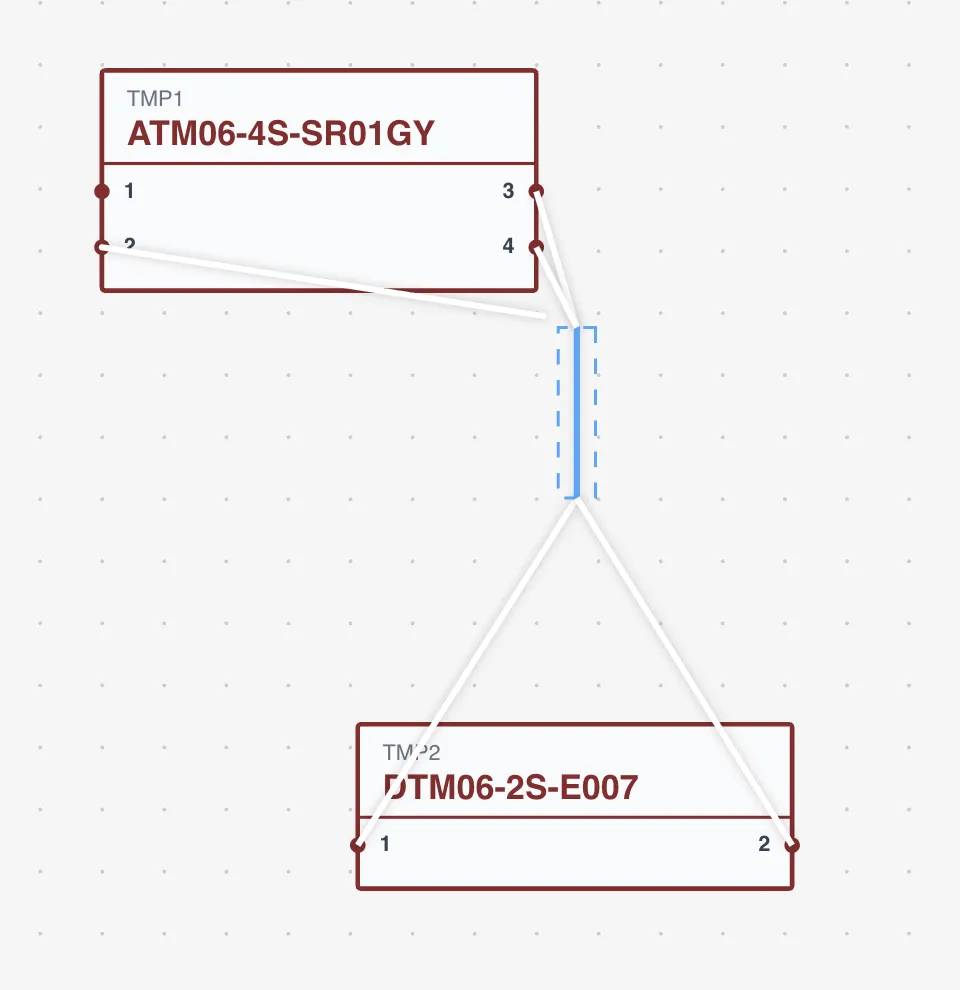 A shielded cable in the Wiring View showing individual strands routed between connectors with shield termination