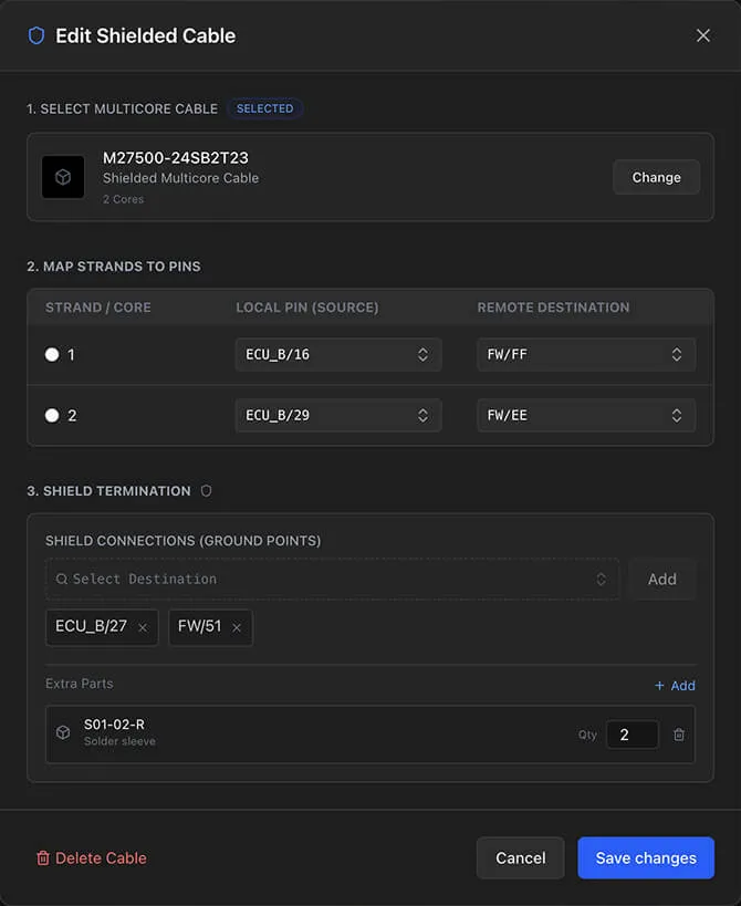The strand mapping section showing four strands with source and destination cavity assignments