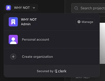 The workspace dropdown in the header showing Personal and Organization options