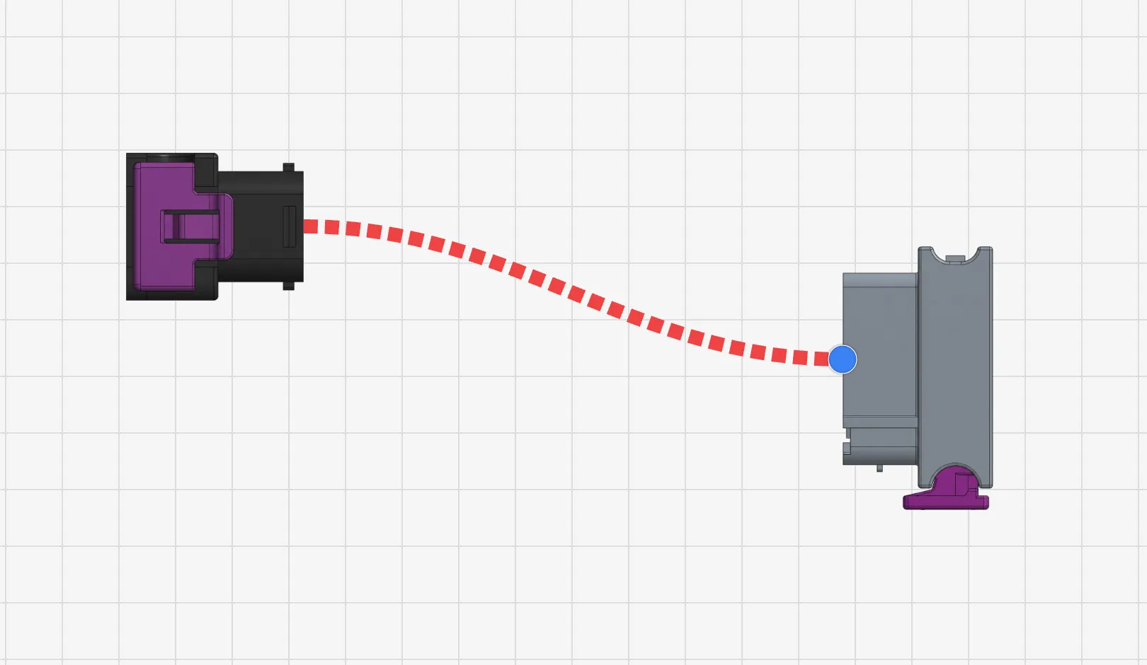 A cable being drawn from one connector to another, showing the dashed blue line and snap highlight
