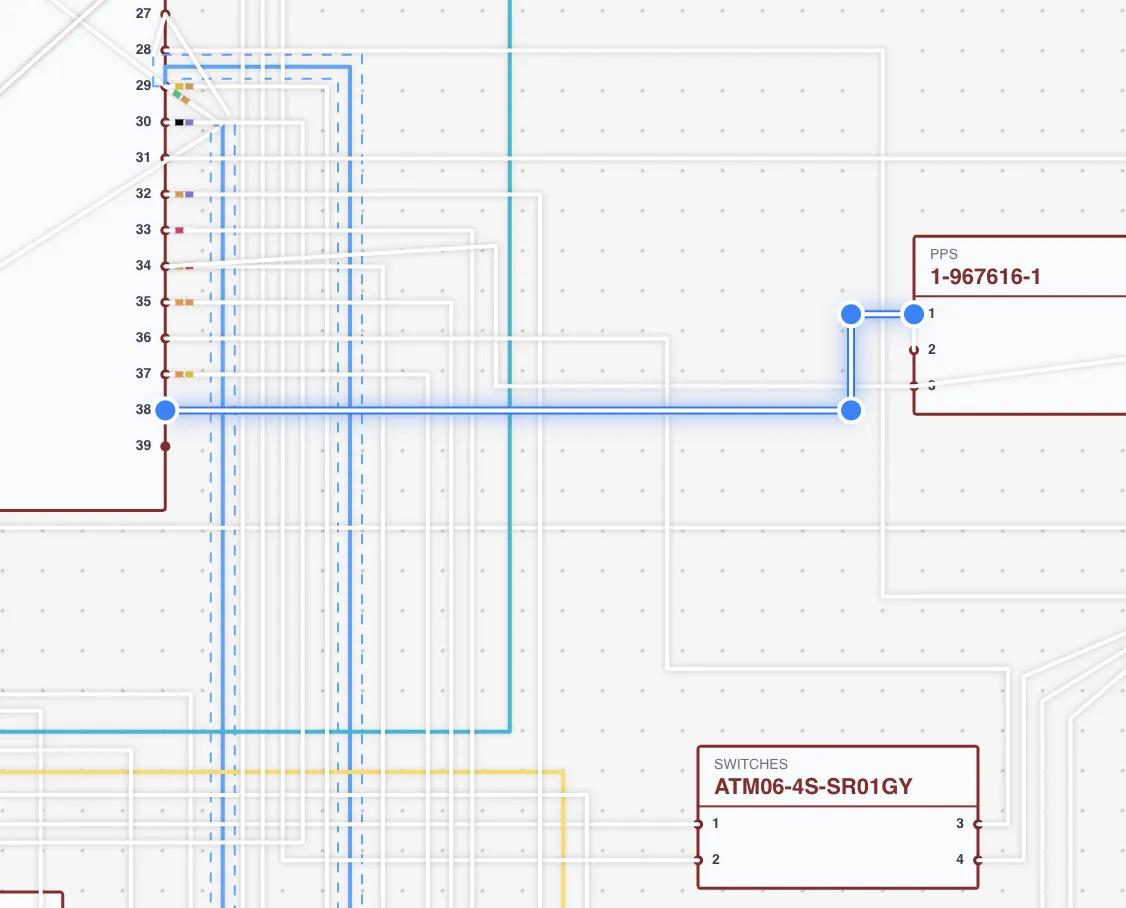 A wire with multiple control points being dragged to adjust the routing path