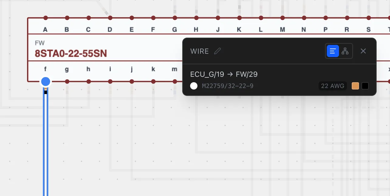 The wire info panel floating over the wiring canvas showing wire details with color swatches and gauge information
