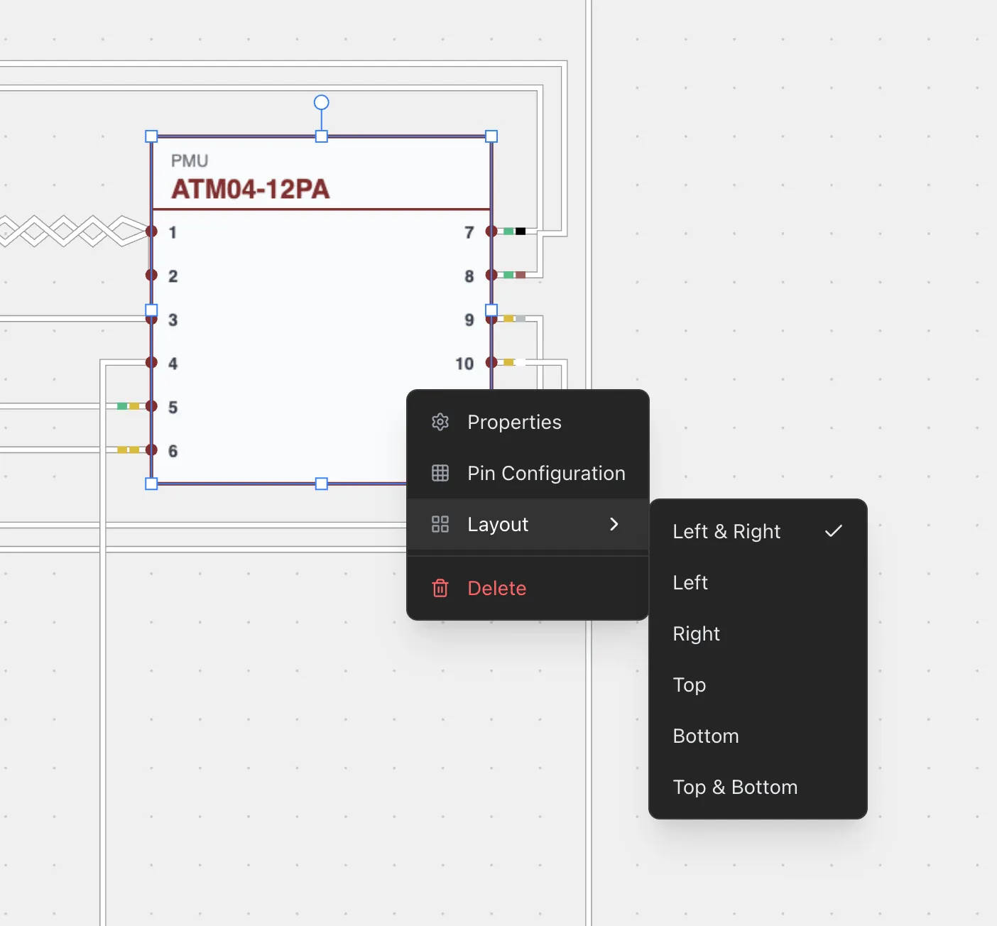 A connector in the wiring view with the pin layout context menu showing the six orientation options