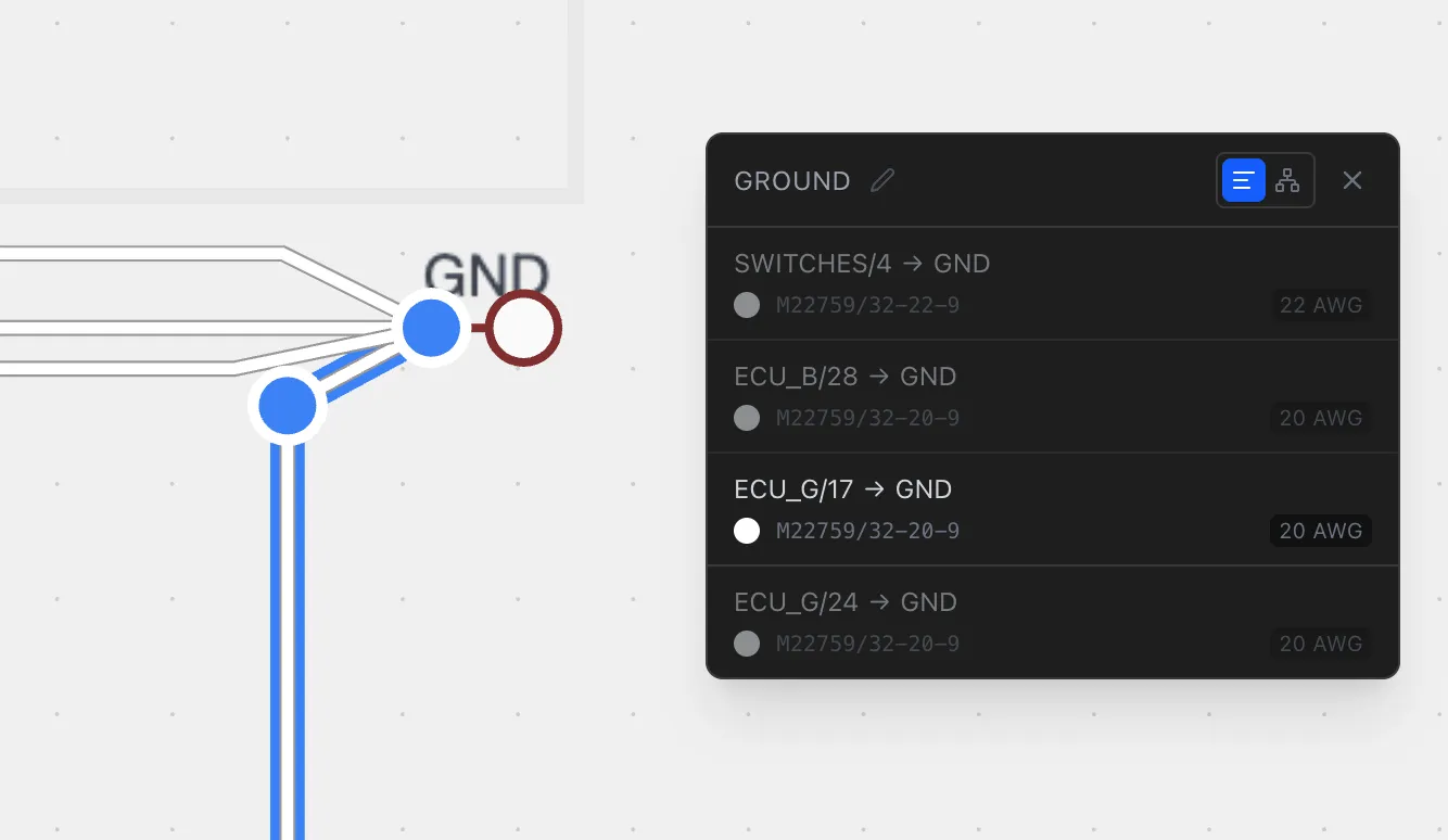 The wire info panel showing the network name being edited with the pencil icon button