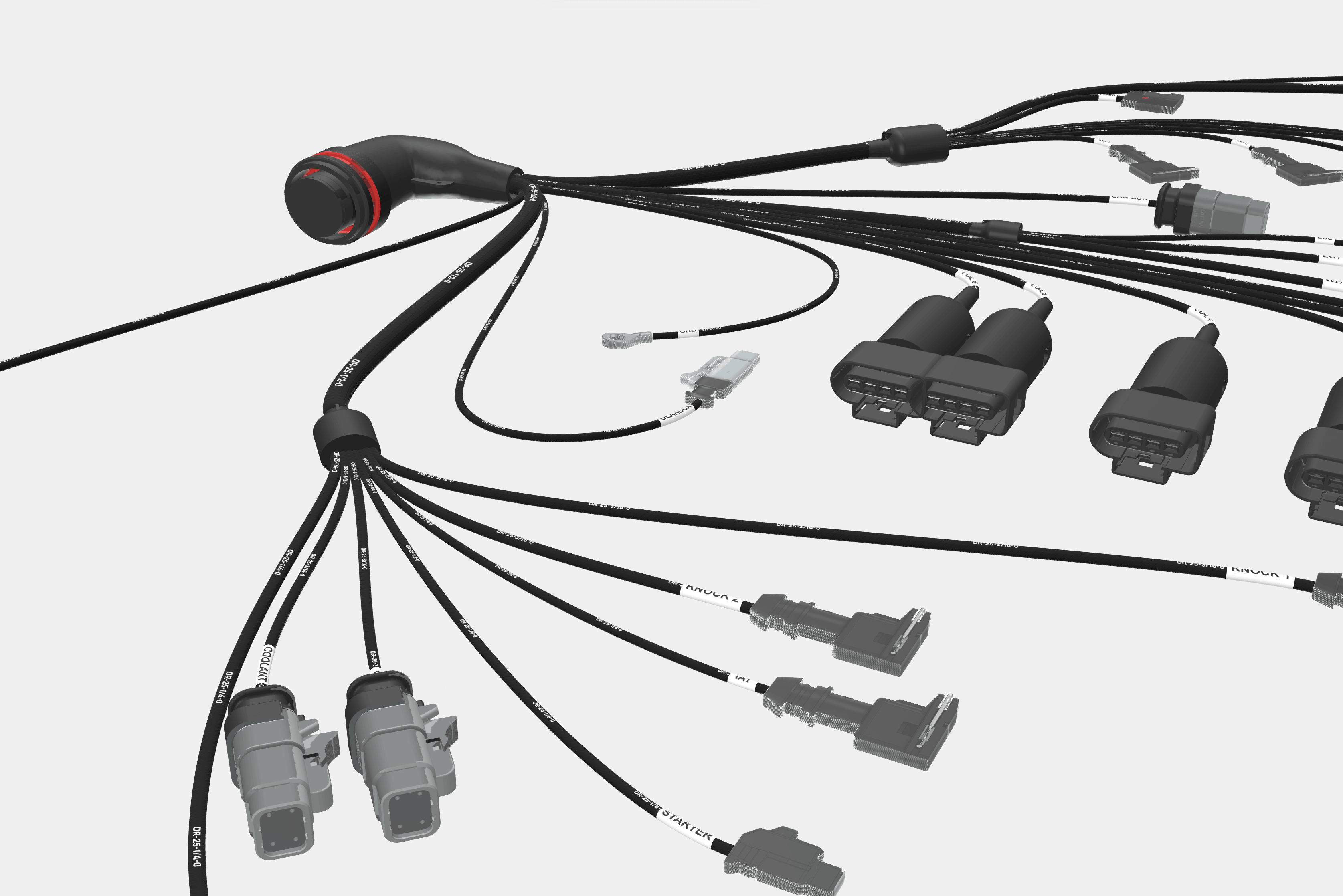 The 3D view showing a harness from an angle, with connectors, cable tubes, labels and the 3D View panel