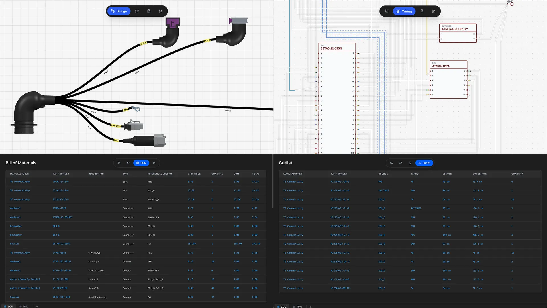The Design, Wiring, BOM and Cut List views side by side