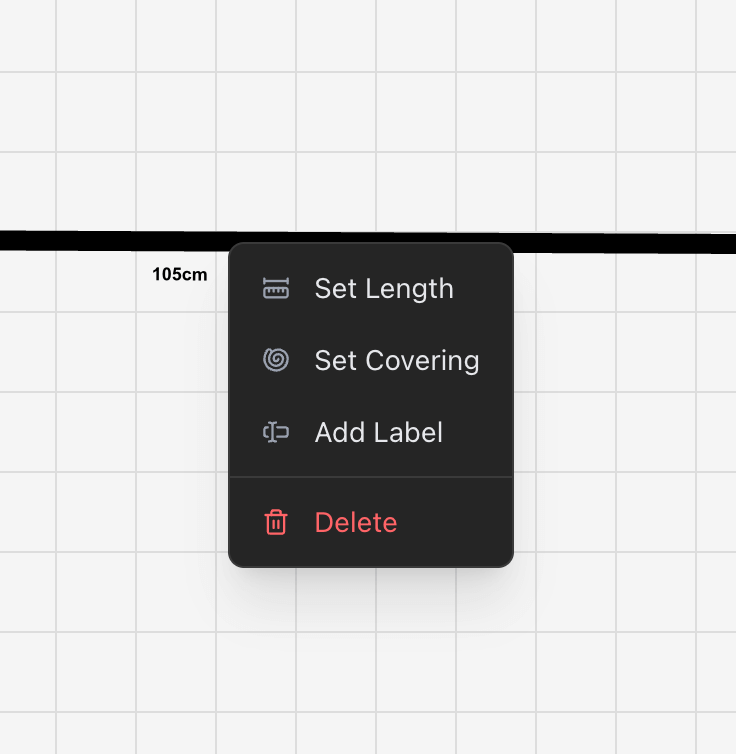 The cable context menu showing length, covering, label and branch point entries