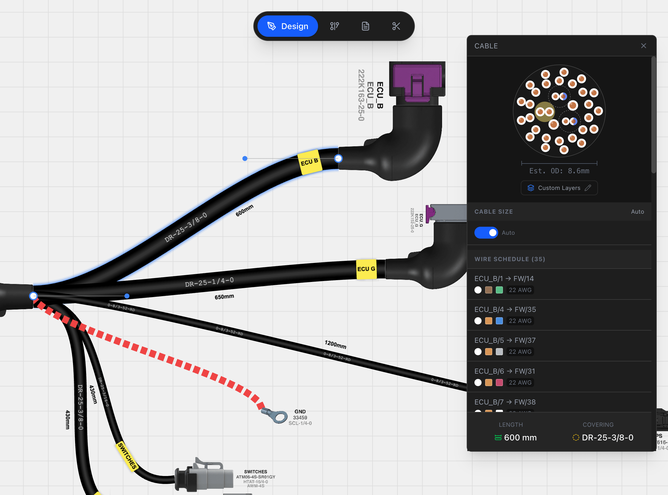 The cable inspect panel floating over the design canvas, showing the cross-section and the wire schedule