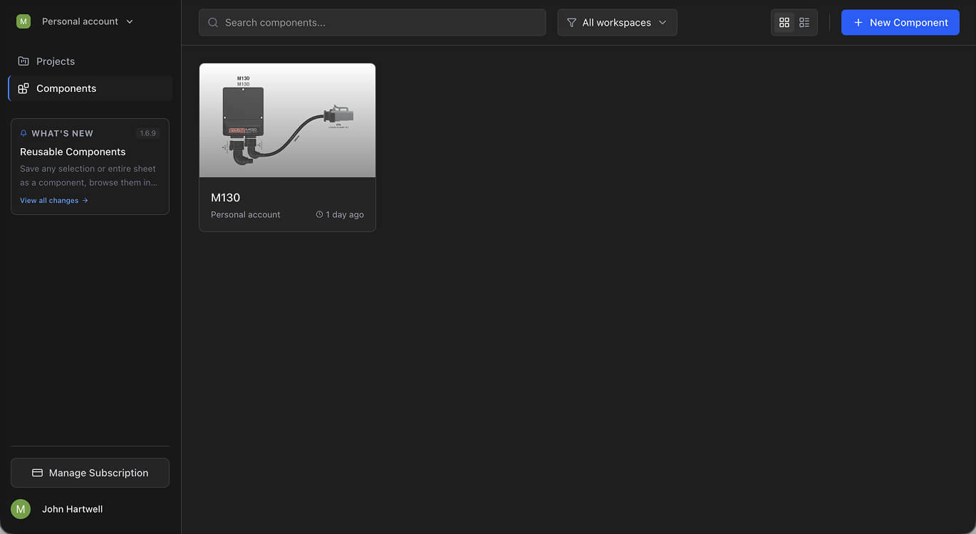 The Components page showing a grid of saved reusable components with thumbnails