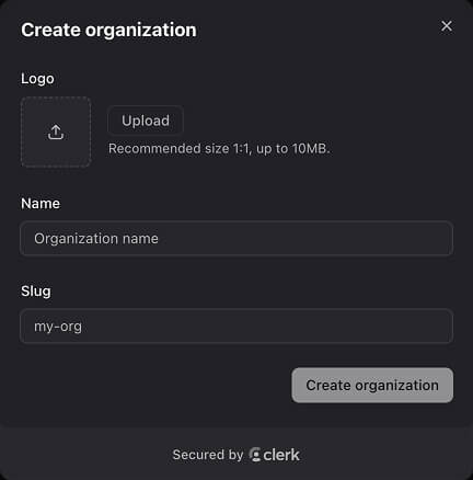 The Create Organization dialog with the name field