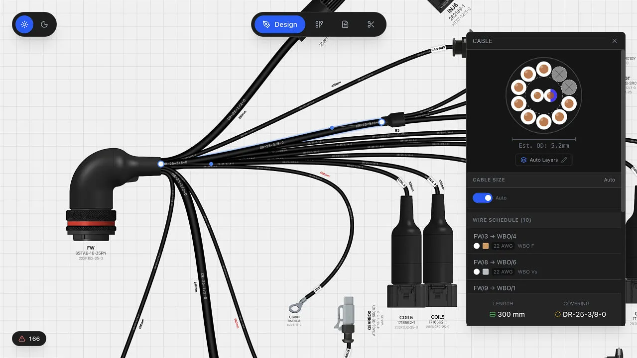The Design view with a harness laid out on the sheet and the cable inspect panel open