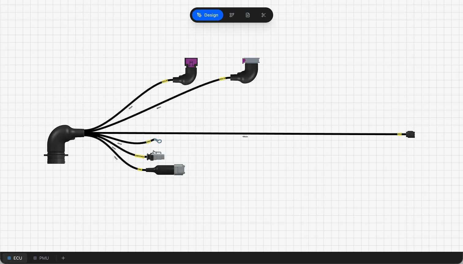 The Wiring Studio project editor showing a harness design with connectors and cables on the canvas