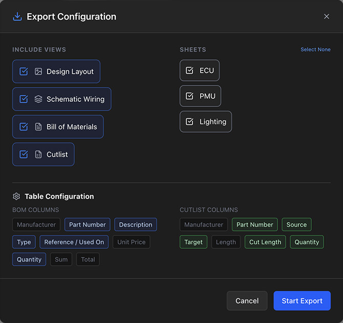 The column toggle section of the export dialog with some columns unchecked