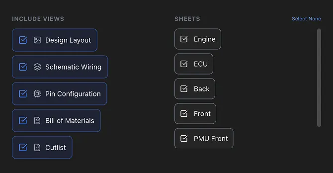 The export dialog showing the view checkboxes and sheet selection
