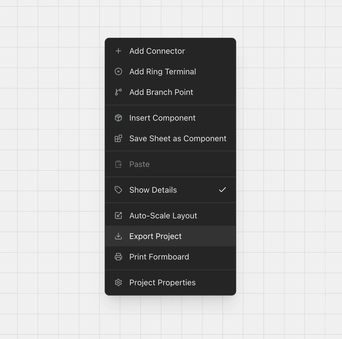 The export entry in the canvas context menu