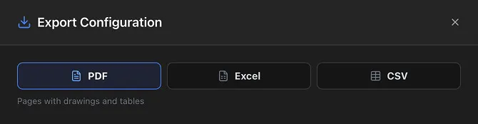 The format picker at the top of the export dialog, with PDF, Excel and CSV