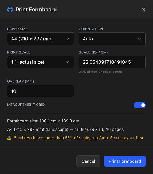 The Print Formboard dialog with its settings, the live size and page summary, and a warning about cables drawn off scale