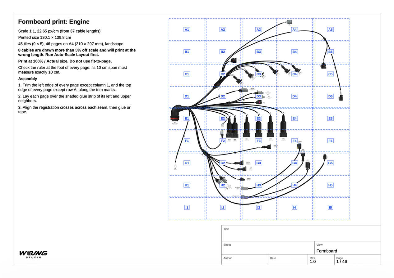 The overview page: the whole sheet with the tile grid labeled A1 to I5, beside the title block with scale, size, page count and assembly steps