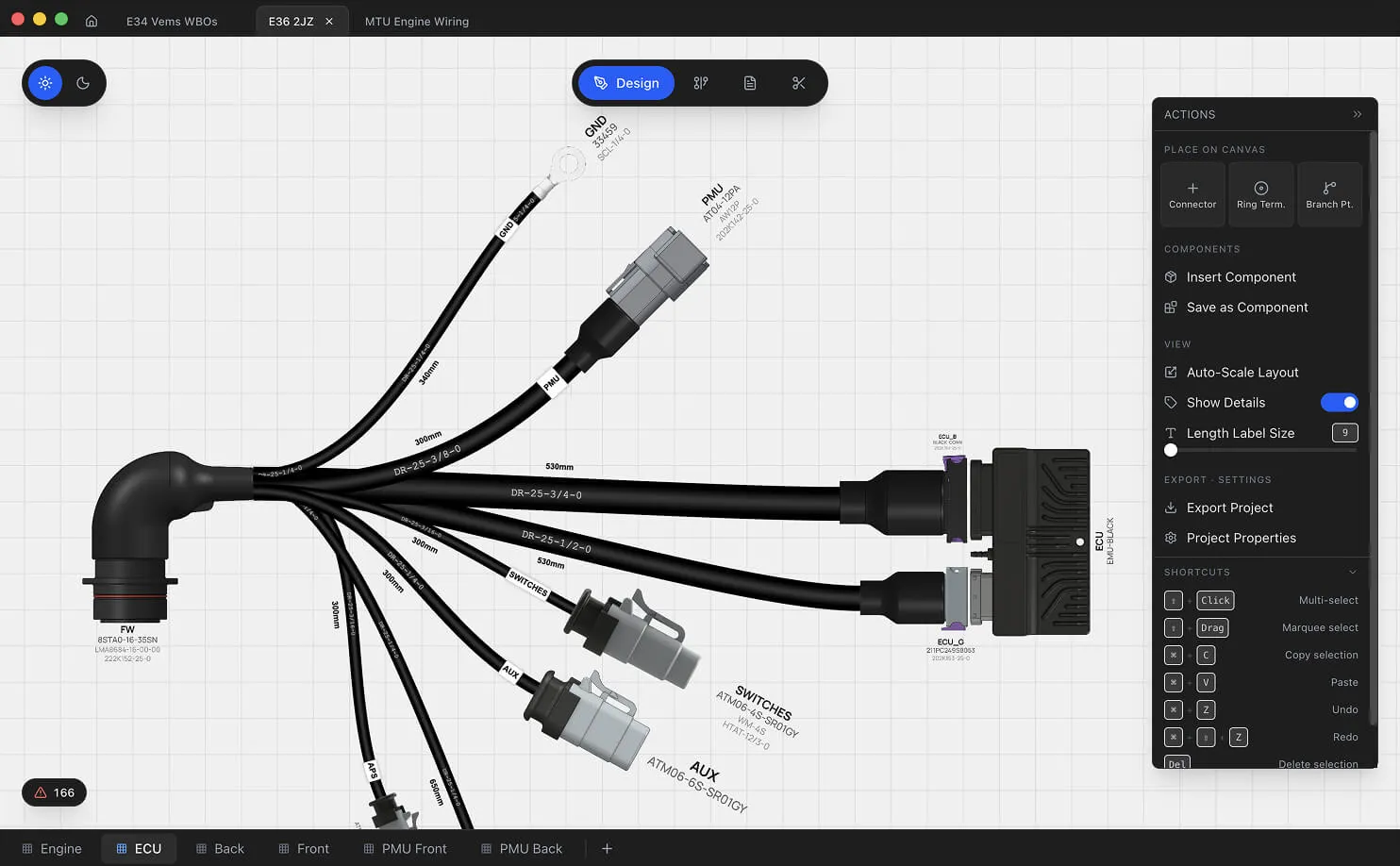 The Wiring Studio Design view showing a rear lamp harness laid out across a sheet