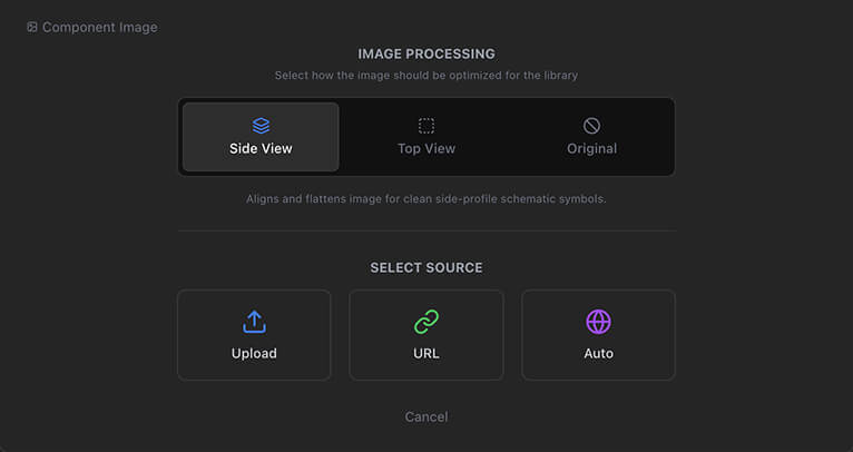 The part image dialog with the processing modes and image sources