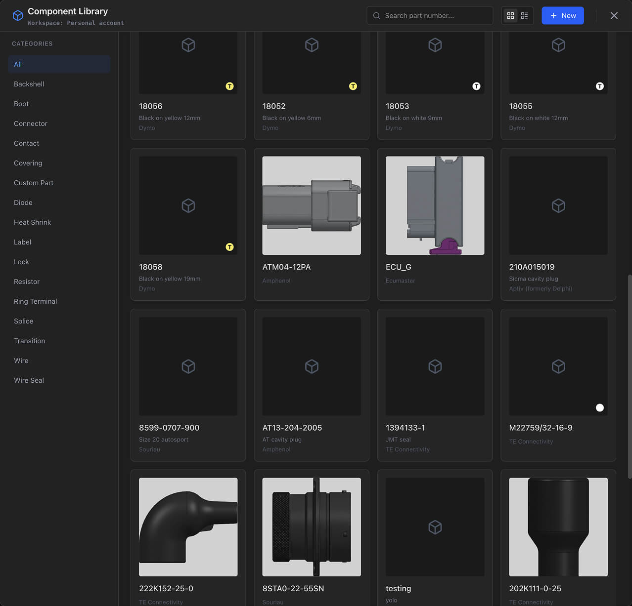The parts library showing parts organised by category tabs