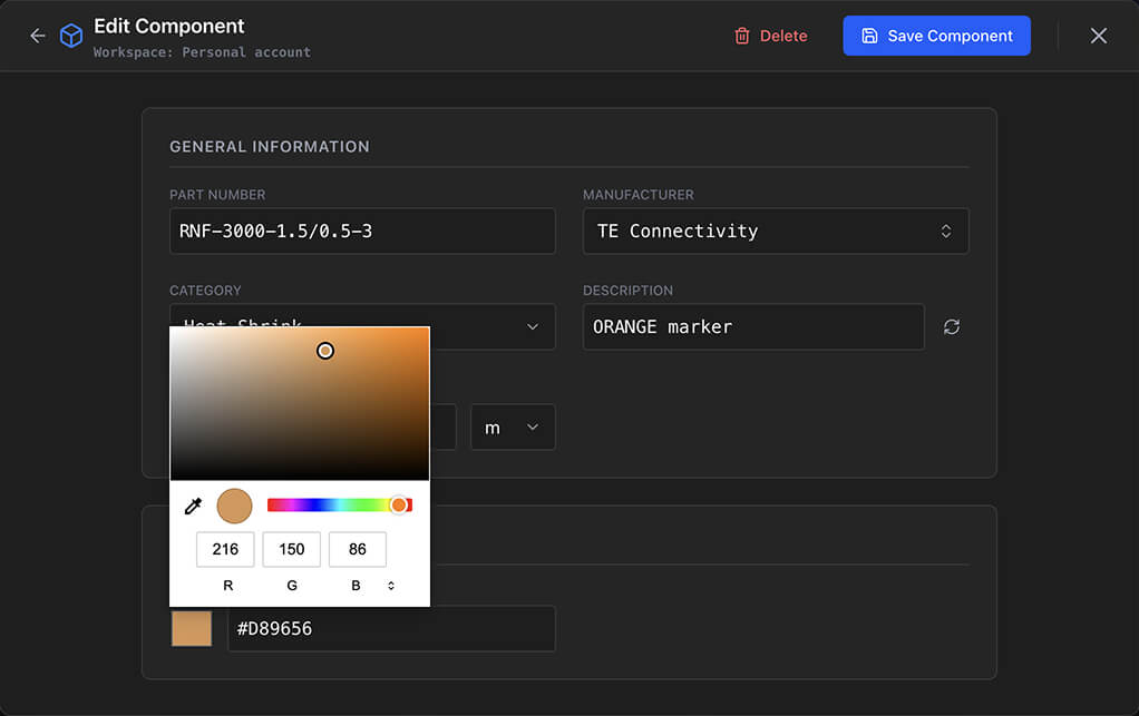 A heat shrink part in the parts library editor showing the colour picker