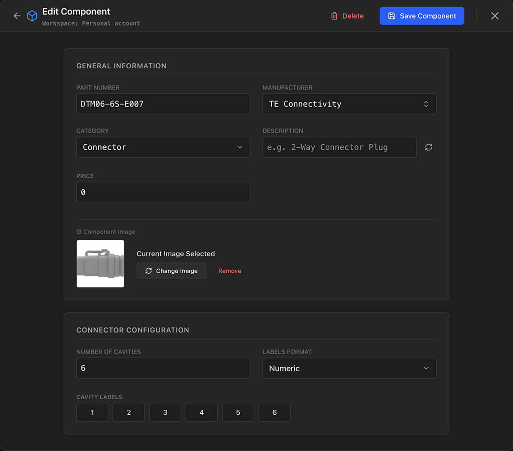 The parts library editor showing manufacturer, part number, cavity count and price fields