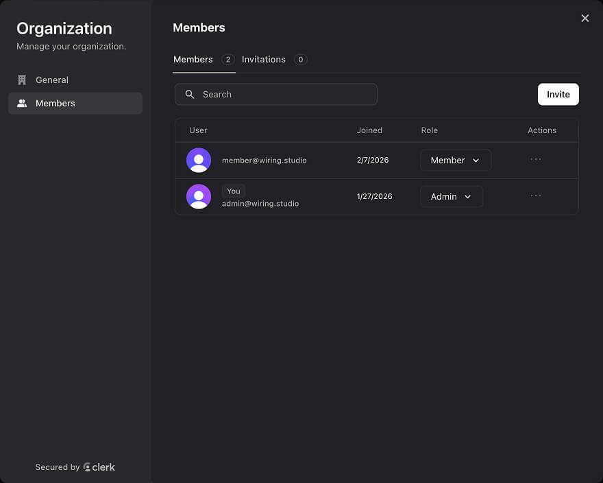 The organisation members list showing names and roles