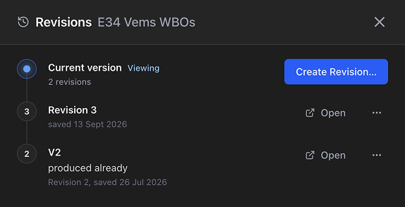 The Revisions dialog with the current version at the top and two saved revisions below it, each with Open and more-actions buttons