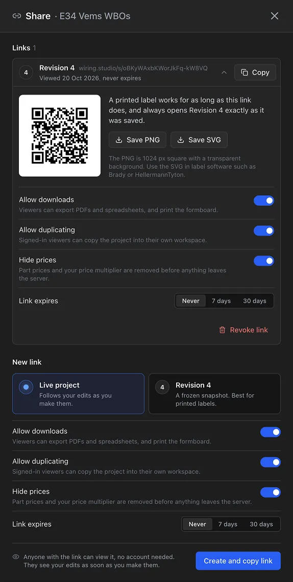 The Share dialog with an existing revision link expanded to show its QR code, Save PNG and Save SVG, its settings and Revoke link, and below it the New link form with Live project and Revision 4 options and Create and copy link