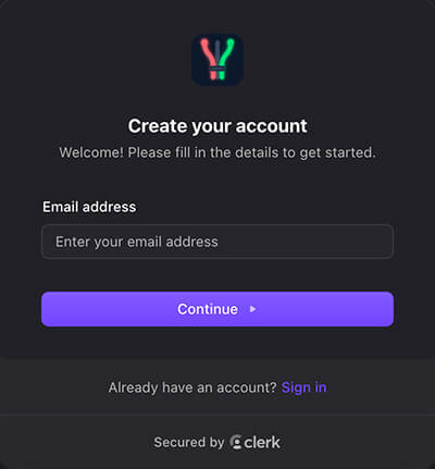 The sign-up screen with email and verification code entry