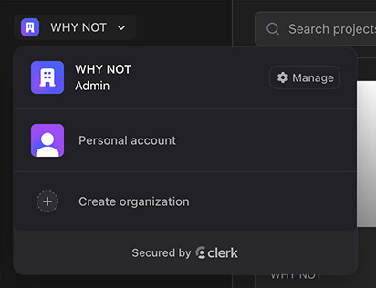 The workspace control in the header showing personal and organisation options