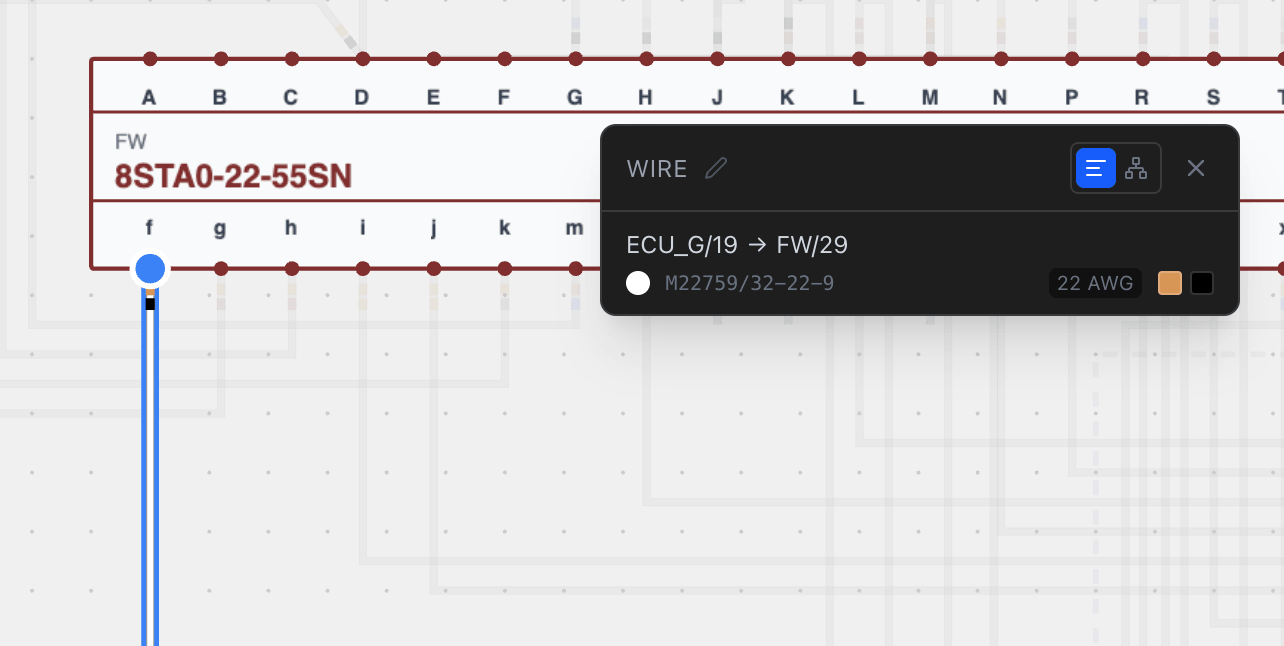 The wire info panel floating over the wiring canvas, showing wire details with colour swatches and gauge